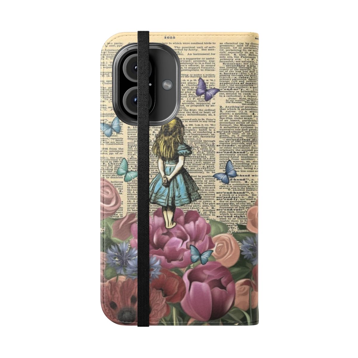 Vintage-style phone case featuring a whimsical "Wonderland Garden" design inspired by Alice in Wonderland. - Folded Front