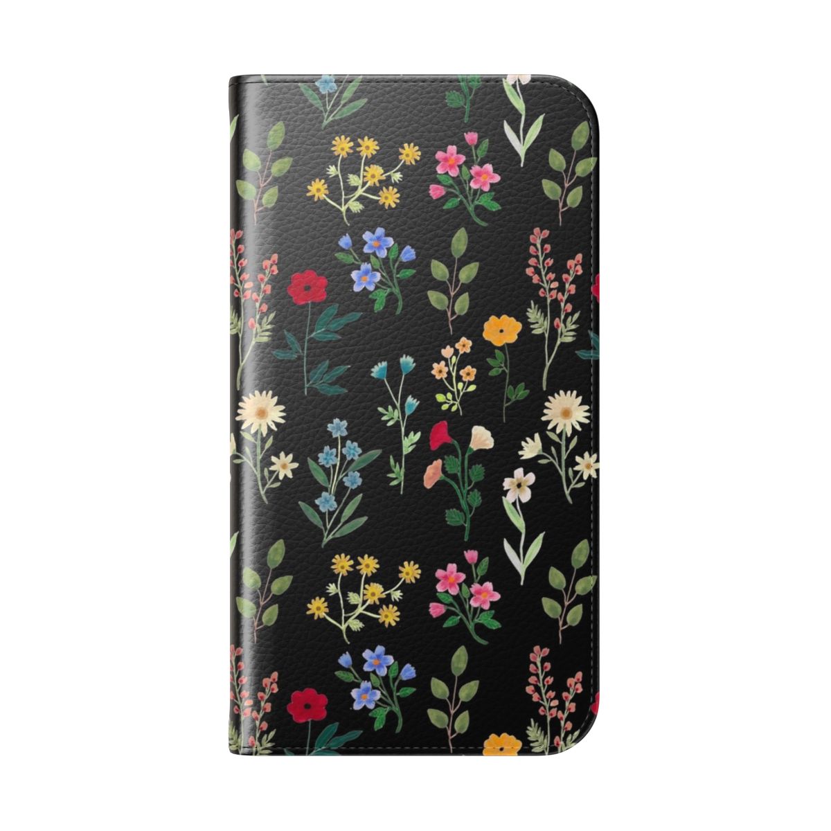 Closeup of a black flip cover phone case featuring a vibrant floral pattern design. - Folded Back