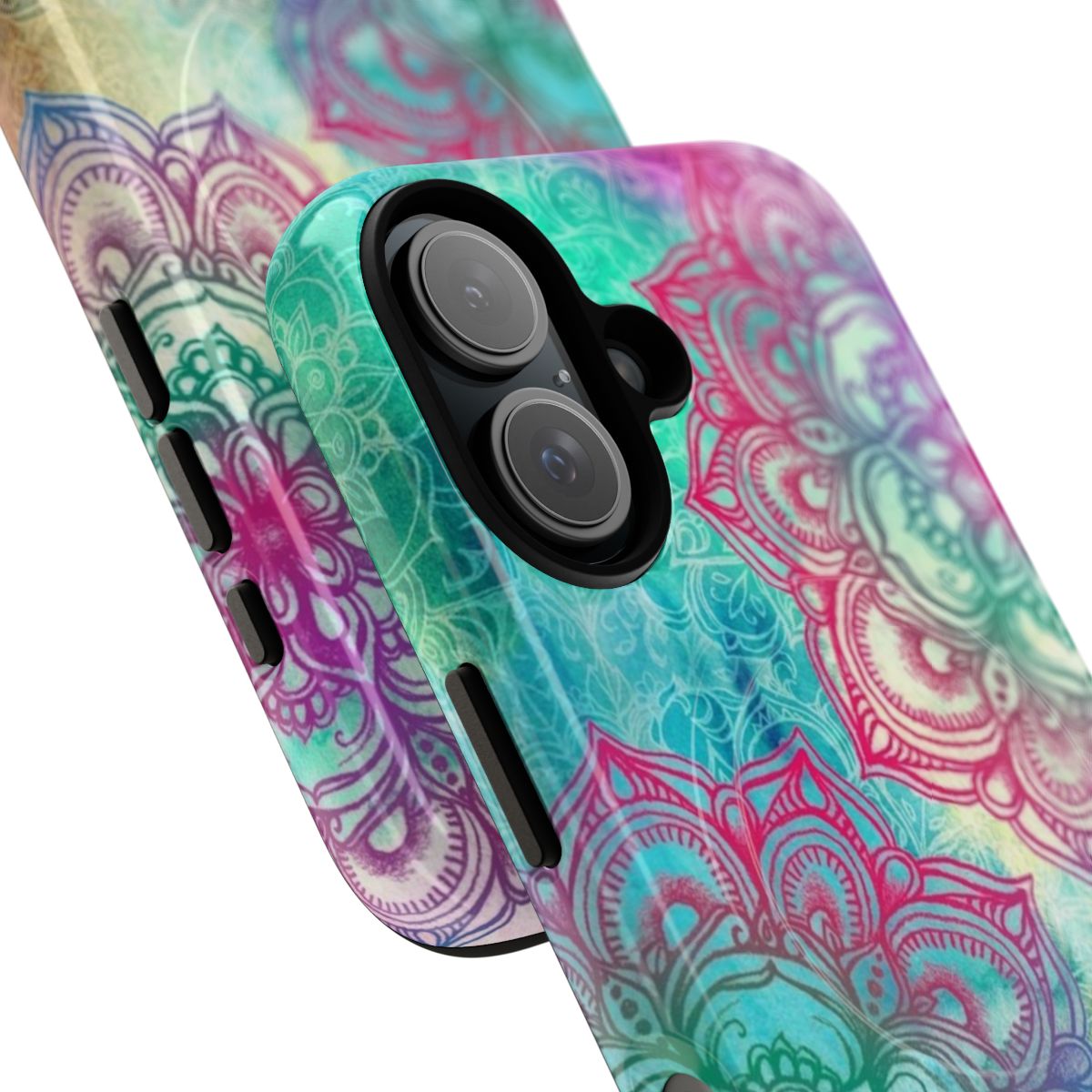 Vibrant and colorful boho-style phone case featuring a mandala and rainbow pattern design - Detail