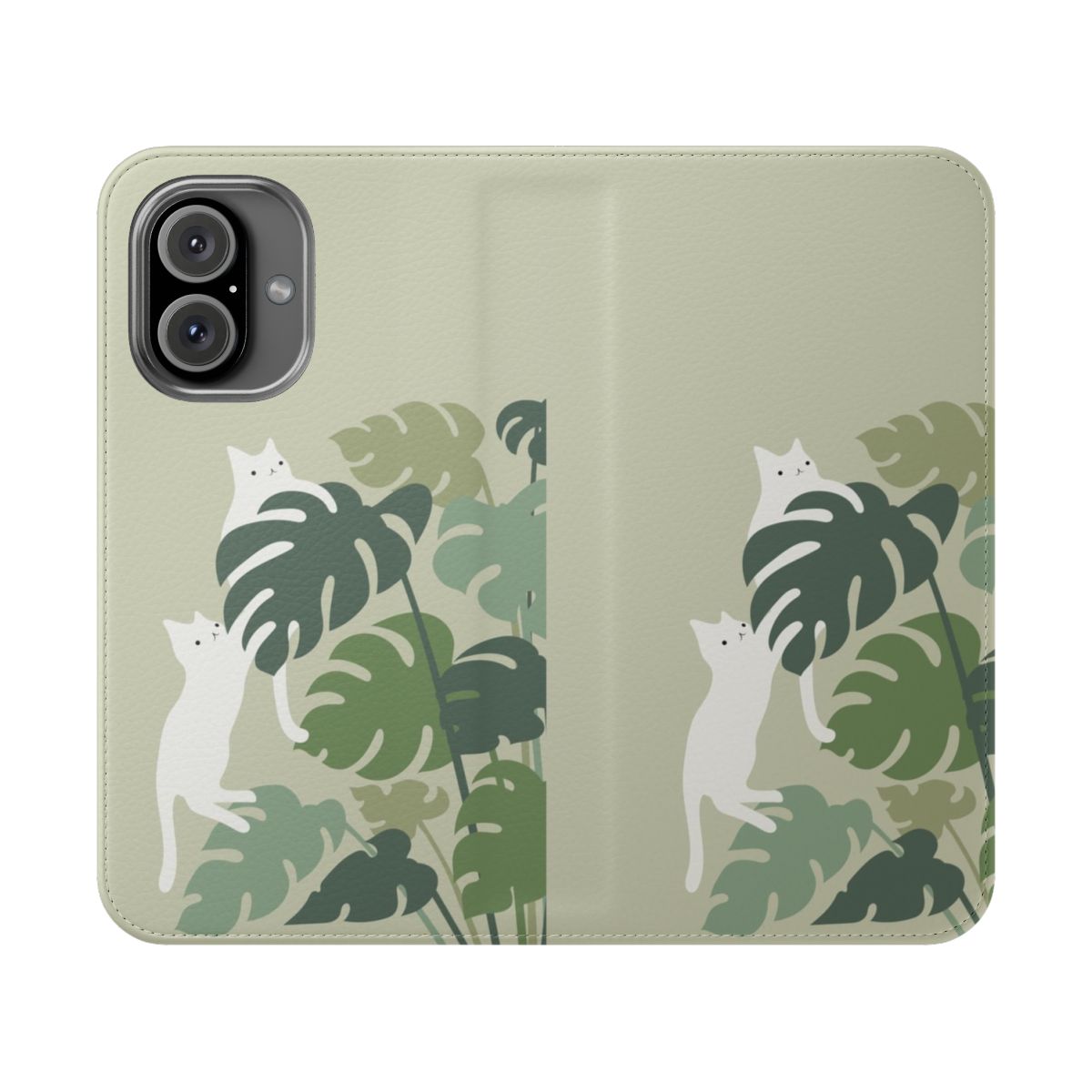 Flip cover phone case with a stylish cat and plant design