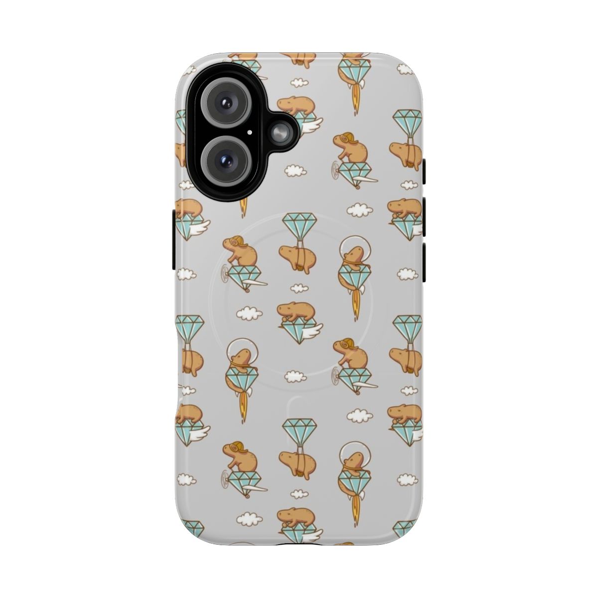 A magnetic phone case featuring a cute capybara flying in the sky with diamonds and clouds.