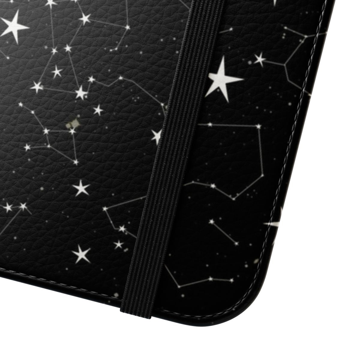 A black and white phone case with a graphic design featuring a cosmic constellation pattern. - Close Up