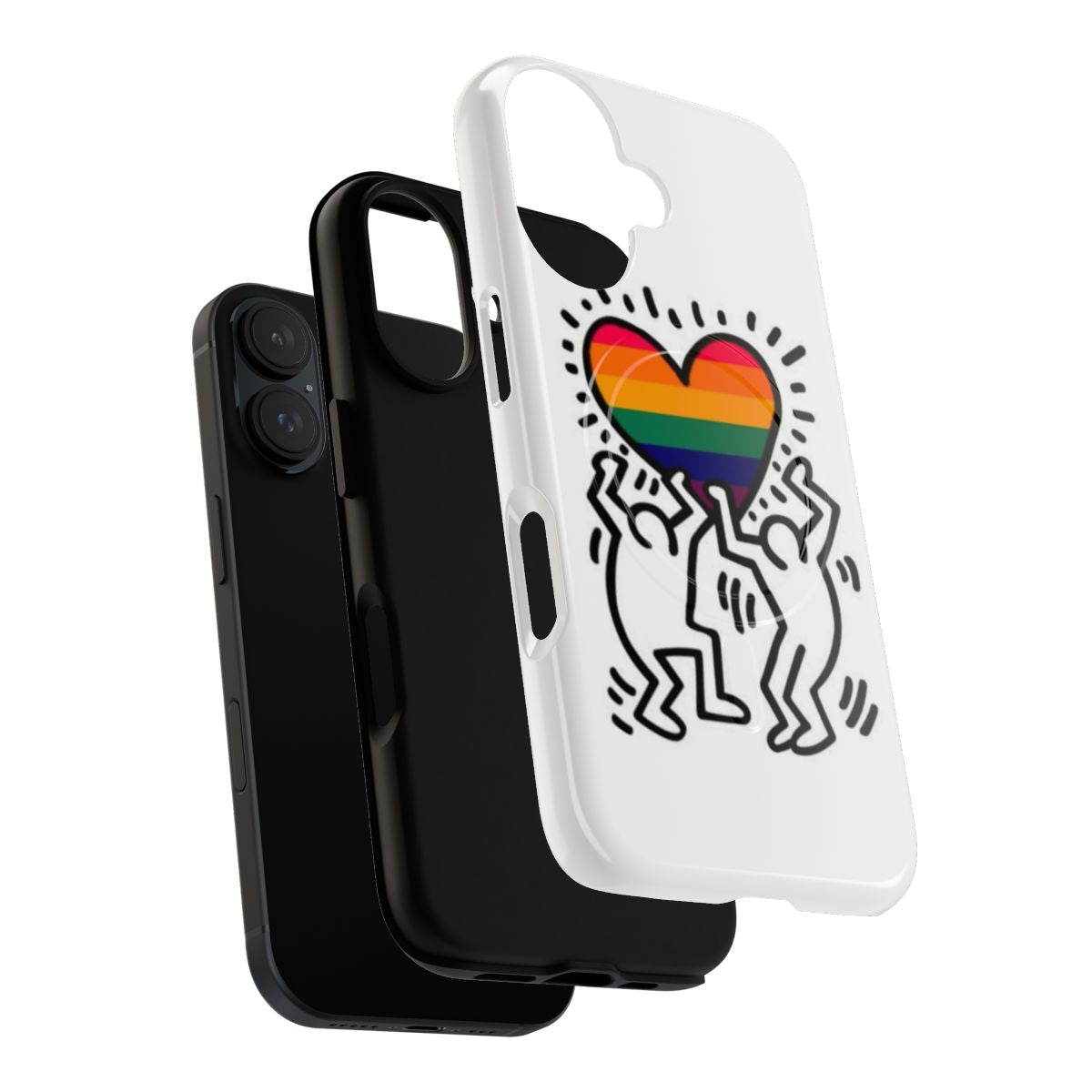 Colorful phone case with abstract Haring-style artwork, showcasing LGBTQ+ pride. - Layers