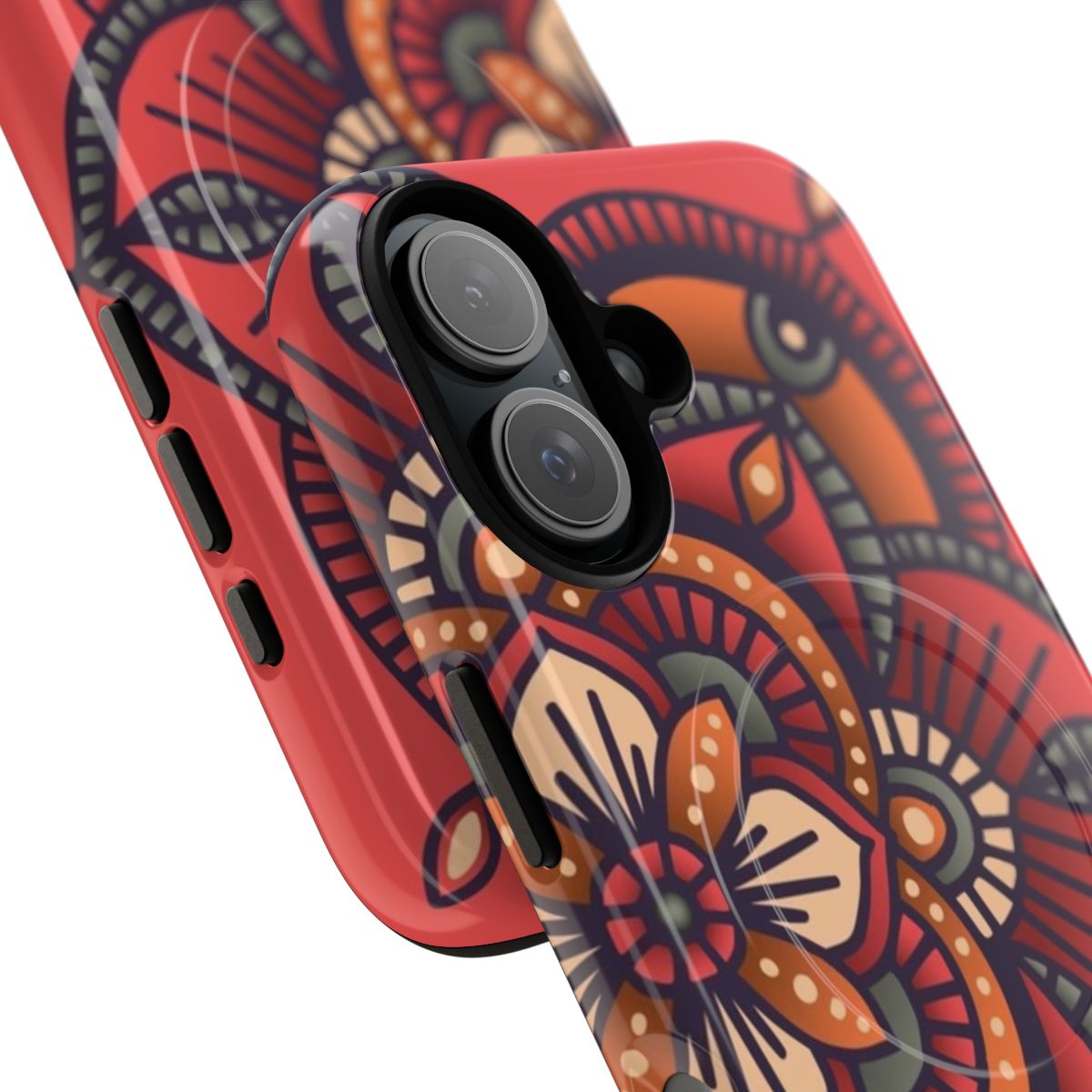 Red mandala pattern on a tough magnetic phone case - Detail