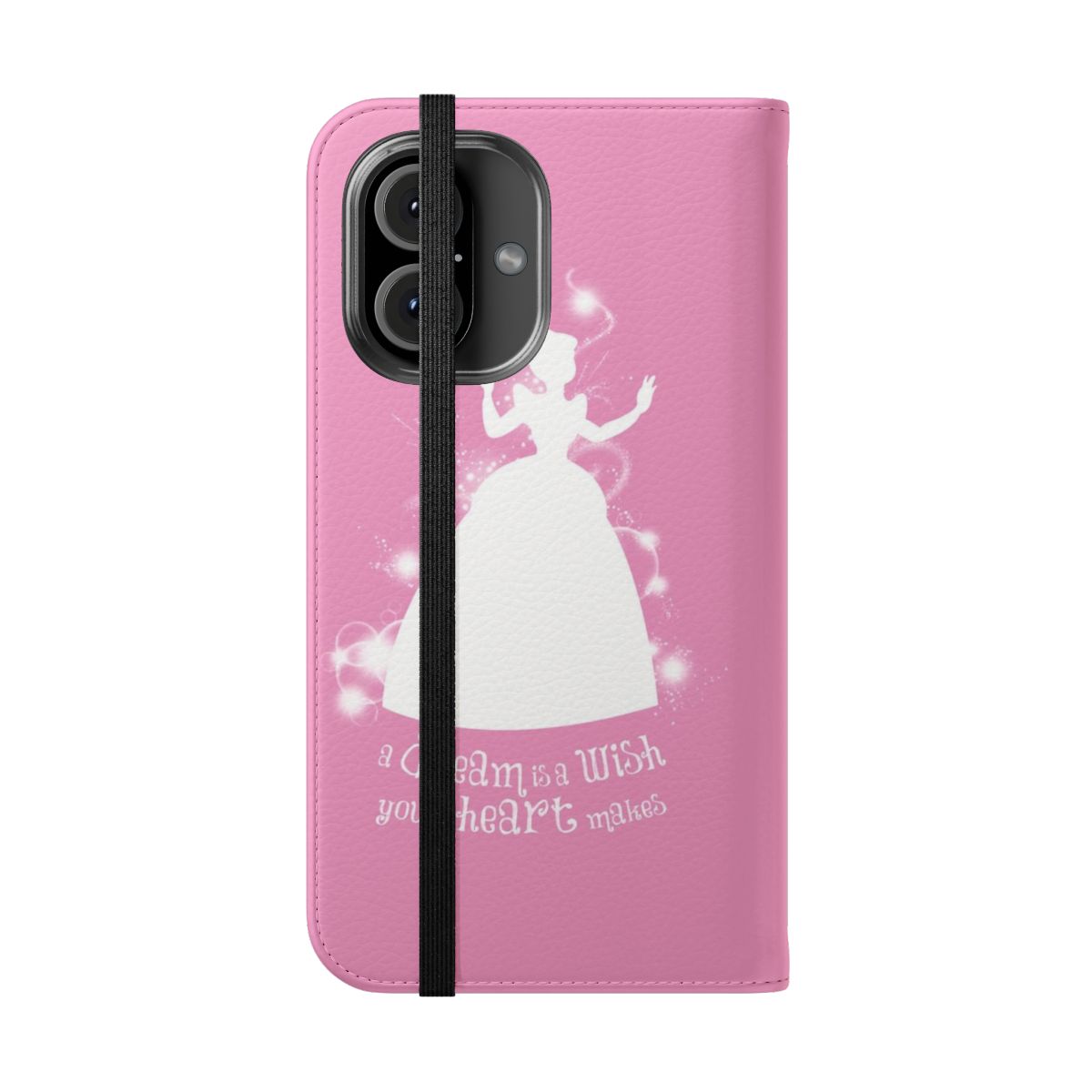 Cinderella silhouette graphic on a flip phone case with the quote "A Dream is a Wish Your Heart Makes" - Folded Front