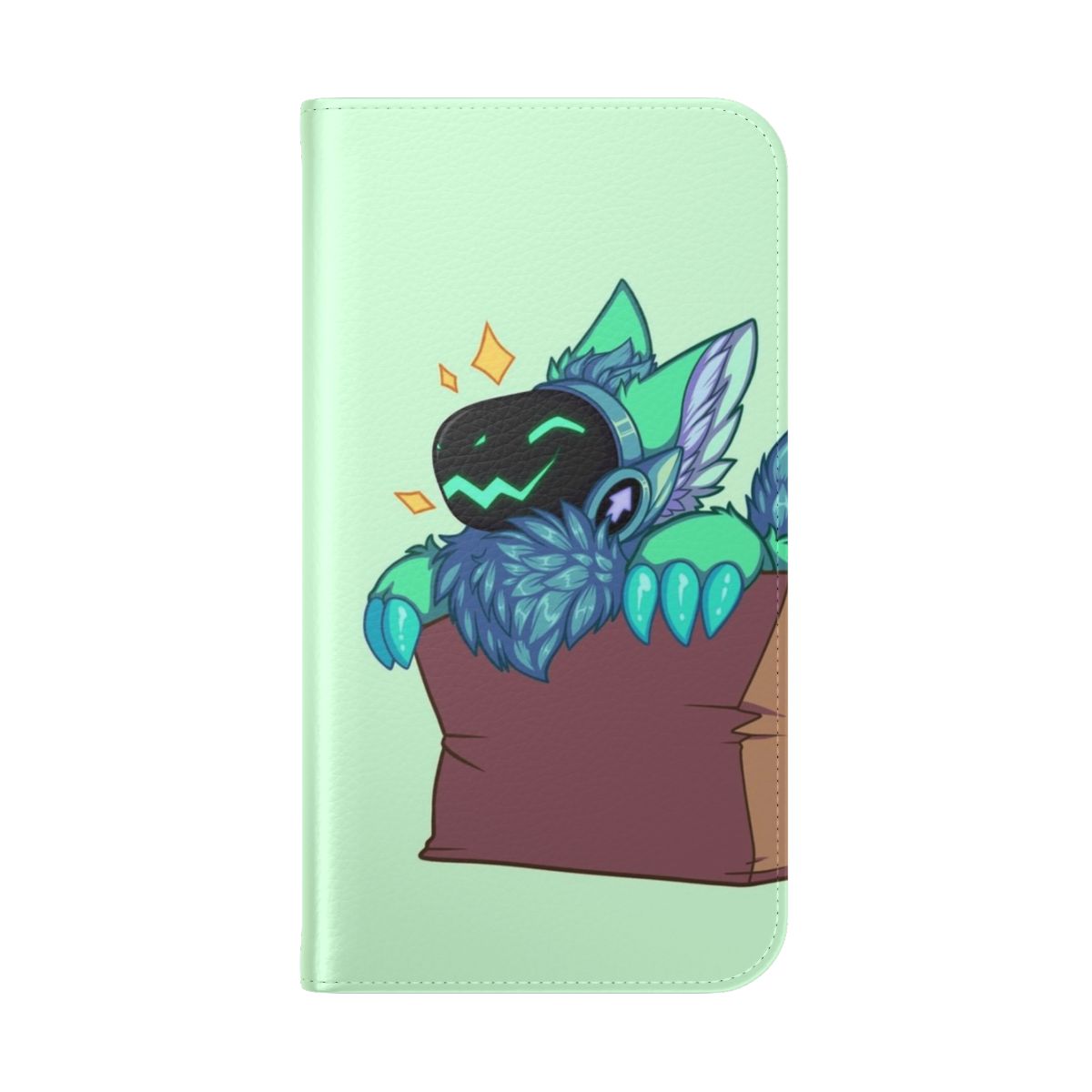 A green flip cover phone case featuring a protogen character, a cyborg-like anthro robot from the furry fandom. - Folded Back