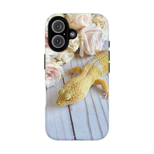 A magnetic tough phone case with a lifelike leopard gecko and roses design.