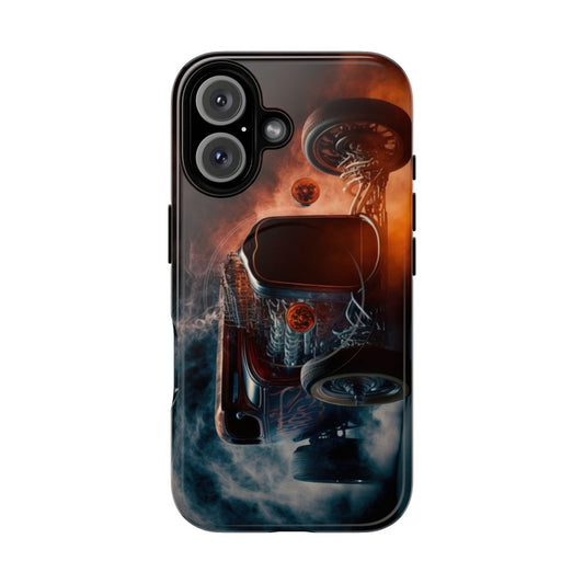 Vintage hot rod burnout phone case featuring American muscle car design