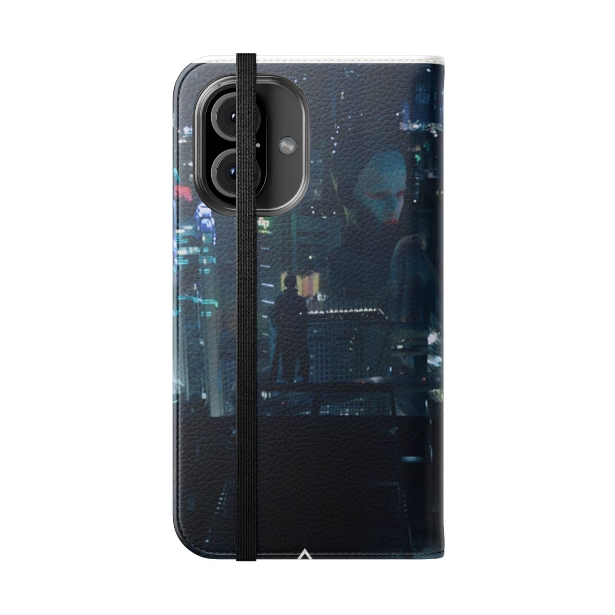 Cyberpunk-themed flip cover phone case featuring a cityscape design inspired by the Ghost in the Shell anime. - Folded Front