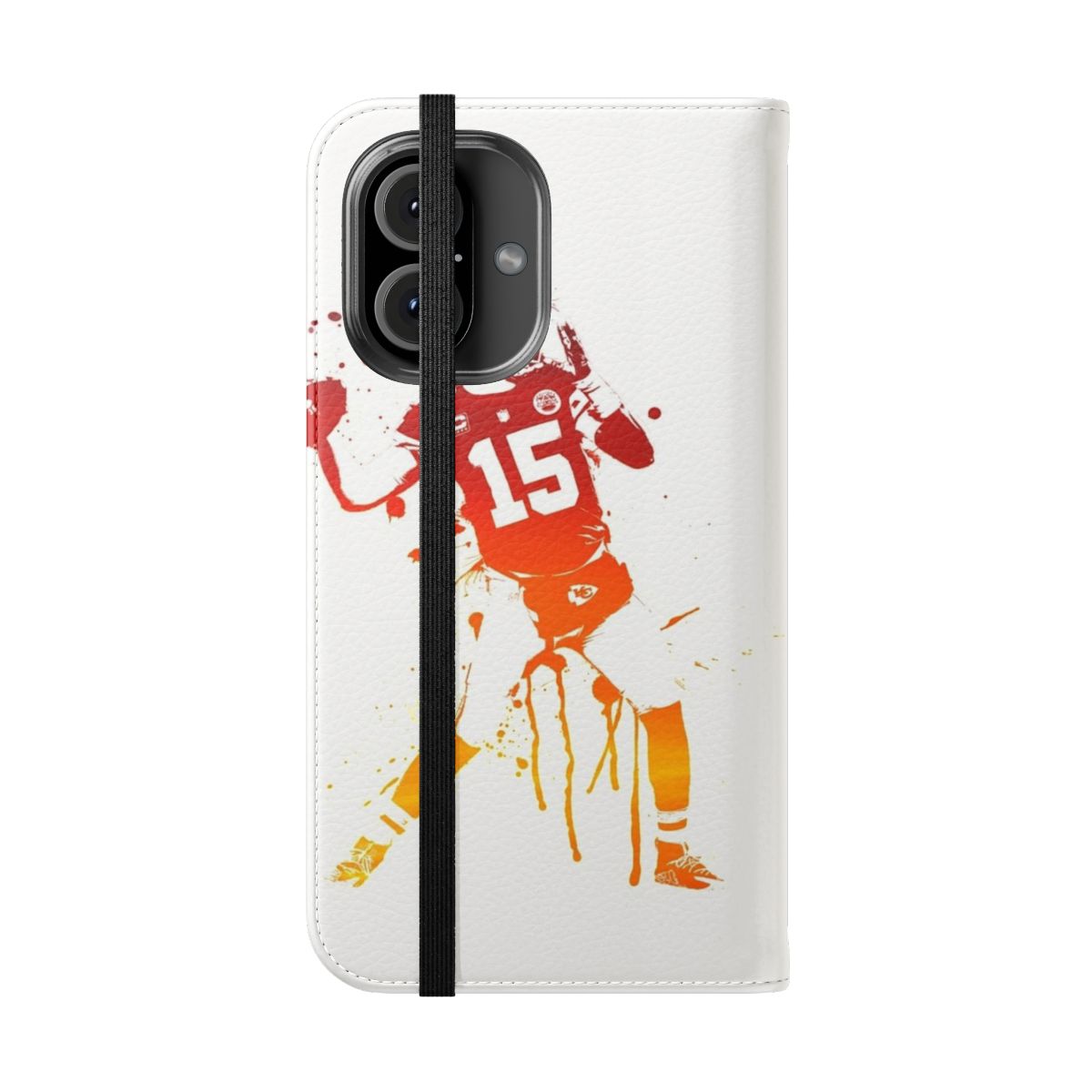 Football-themed phone case with Kansas Chiefs colors and Patrick Mahomes design - Folded Front