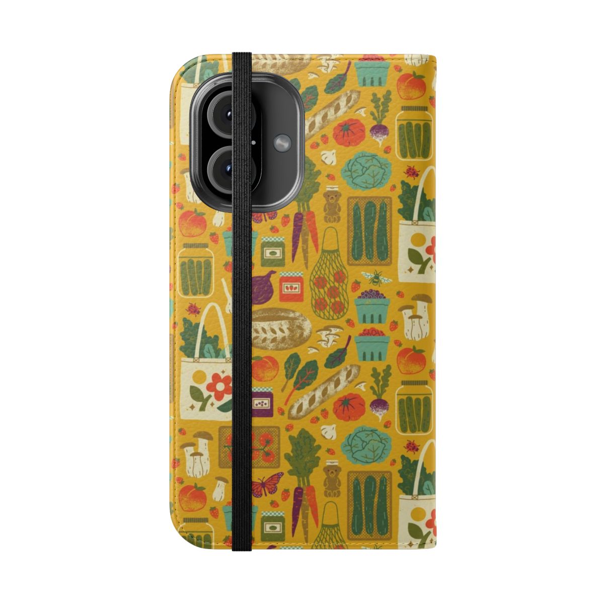 A colorful phone case featuring illustrations of farmers market produce, flowers, and nature elements. - Folded Front