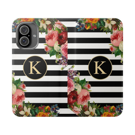 Personalized monogram K phone case with vintage floral and black and white striped pattern