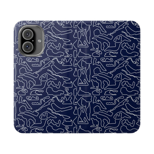 Dark blue flip cover phone case with F1 tracks design for 2023 season