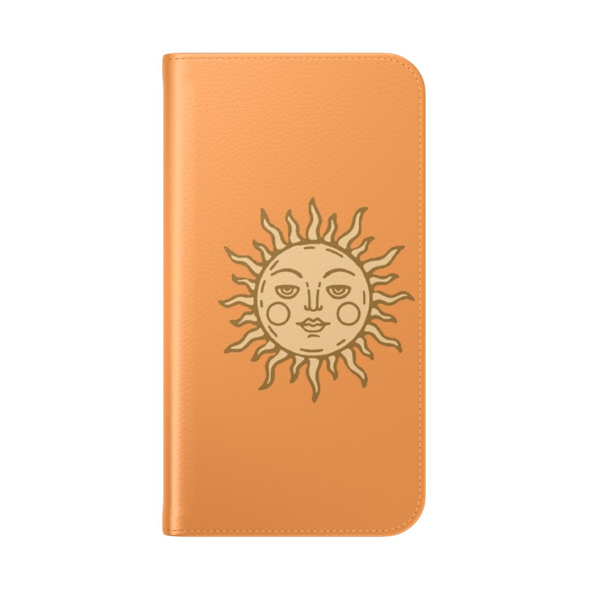 Gold sun-themed phone case with boho, retro, and celestial design elements. - Folded Back