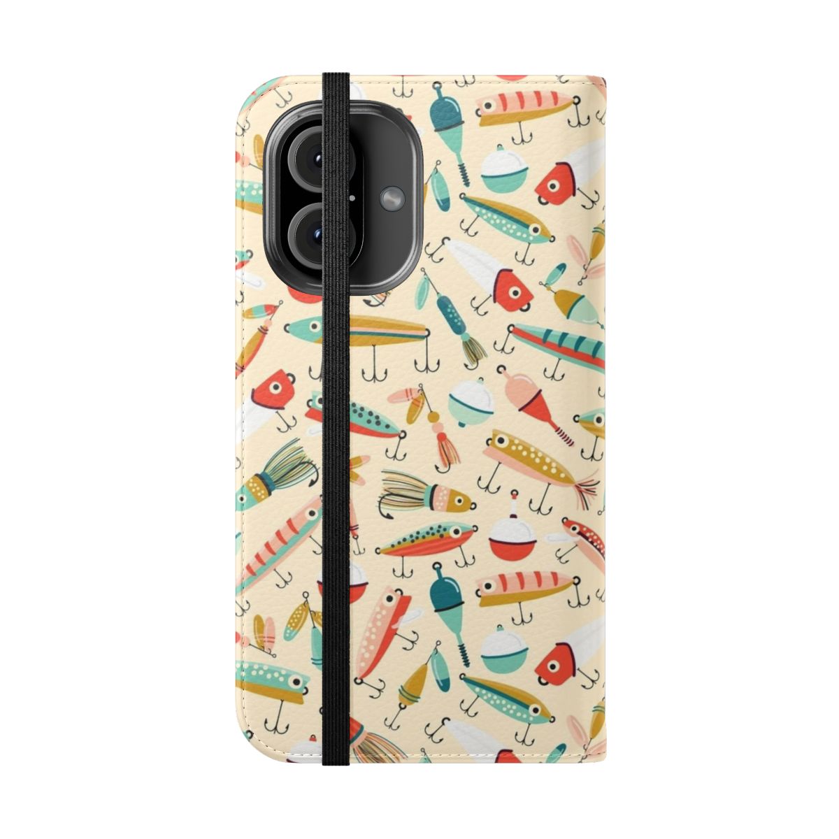 Colorful vector illustration of various fishing lures on a protective phone case - Folded Front