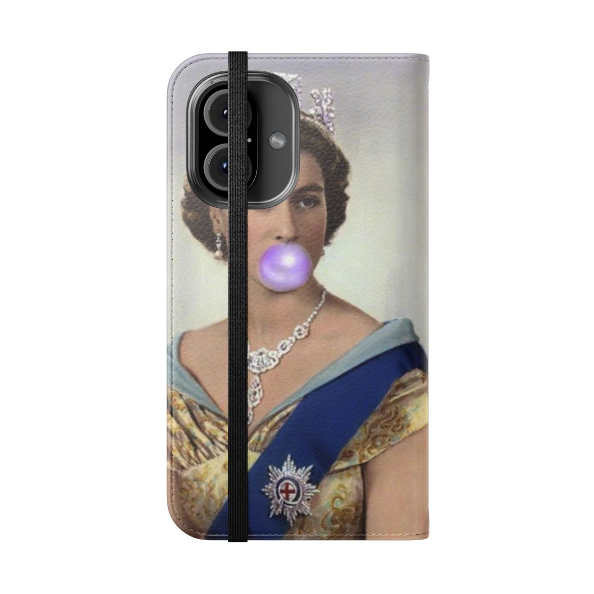 Stylish flip cover phone case featuring a regal design inspired by Queen Elizabeth II - Folded Front