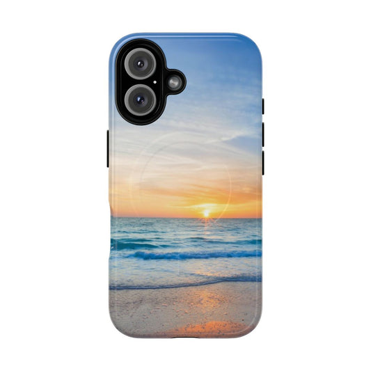 Tropical ocean sunset phone case with vibrant blue waves and orange sky