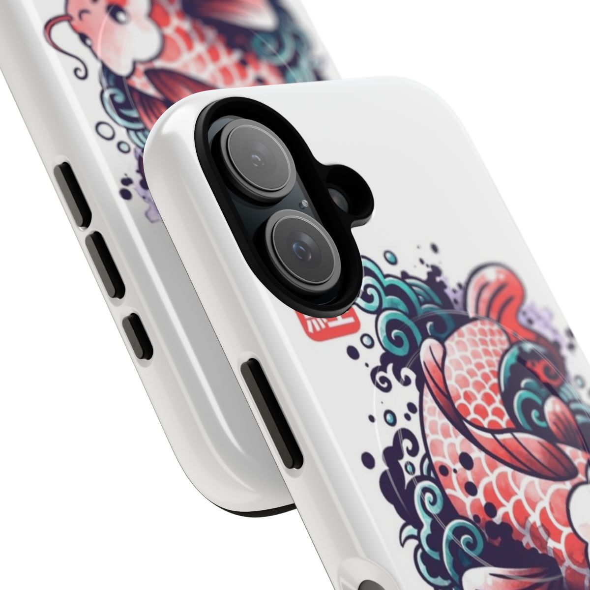 A watercolor painting of a vibrant koi fish on a phone case - Detail