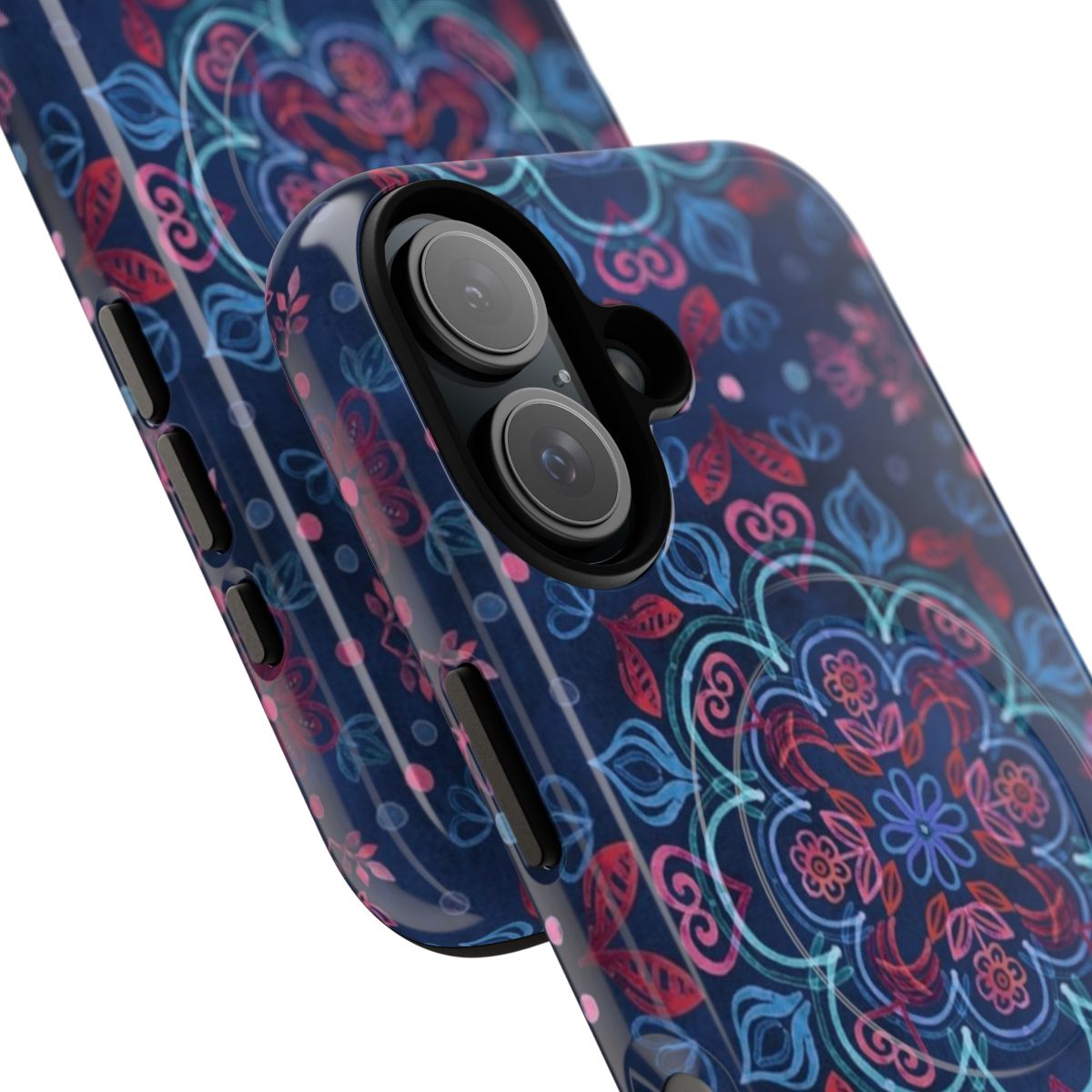 Watercolor floral pattern phone case in cherry red and navy blue - Detail