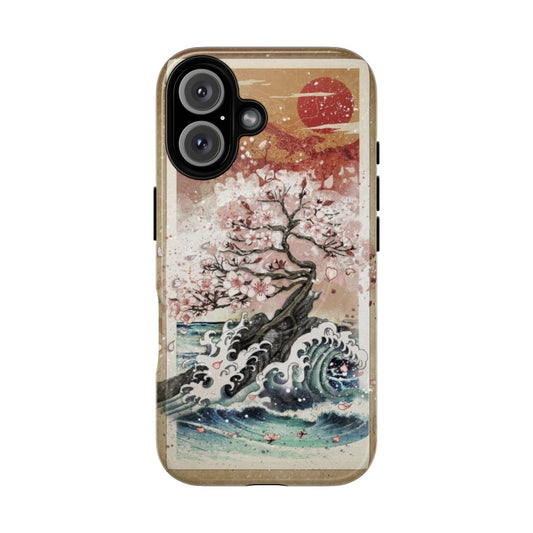 Magnetic phone case featuring a scenic design of sakura blossoms and ocean waves