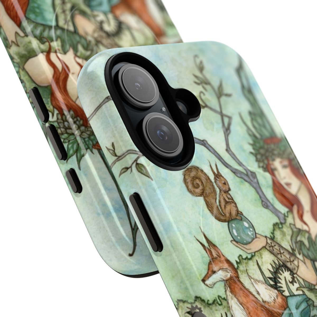 Whimsical phone case featuring fantasy artwork of woodland creatures and enchanted forest elements - Detail