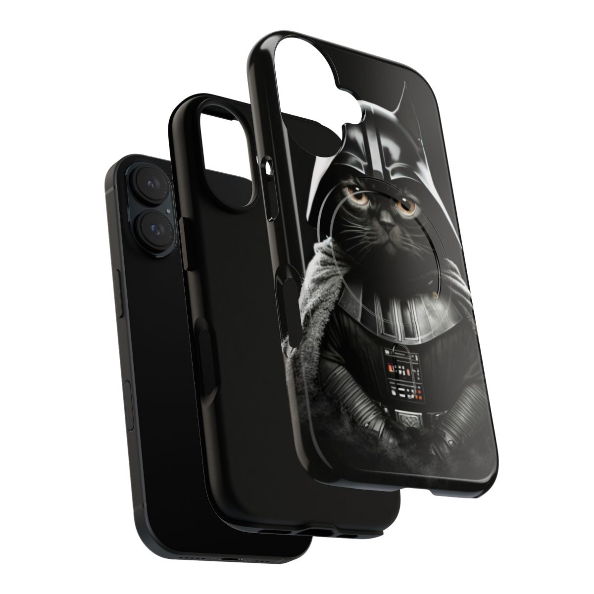 Artistic phone case featuring a black cat in a Darth Vader-inspired design, set against a starry galaxy background. - Layers