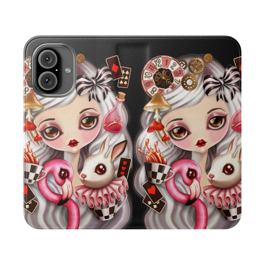 Fantasy phone case with Alice in Wonderland inspired artwork featuring the White Rabbit, Flamingos, Mushrooms, and Tea Party elements.