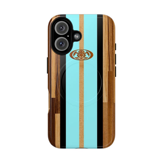 Tropical faux wood surfboard iPhone case with aqua magnetic design