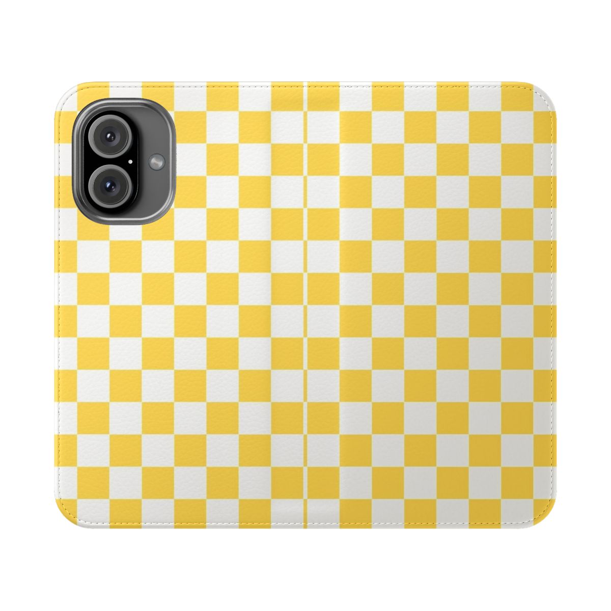 A vibrant yellow and white checkerboard pattern on a protective phone case