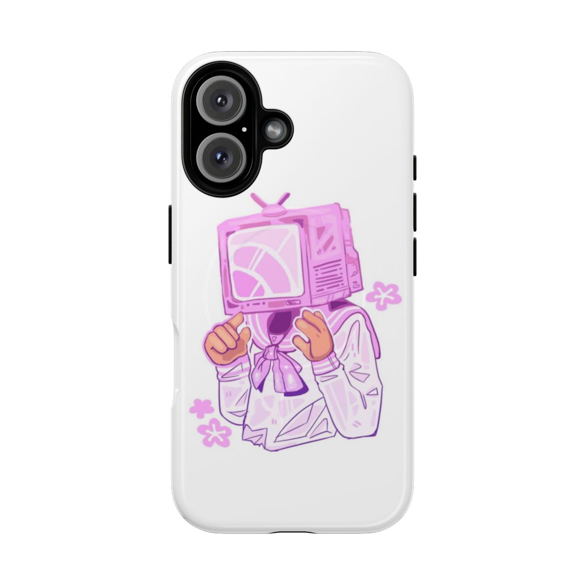 A pink phone case with an anime-inspired head design and cherry blossom accents