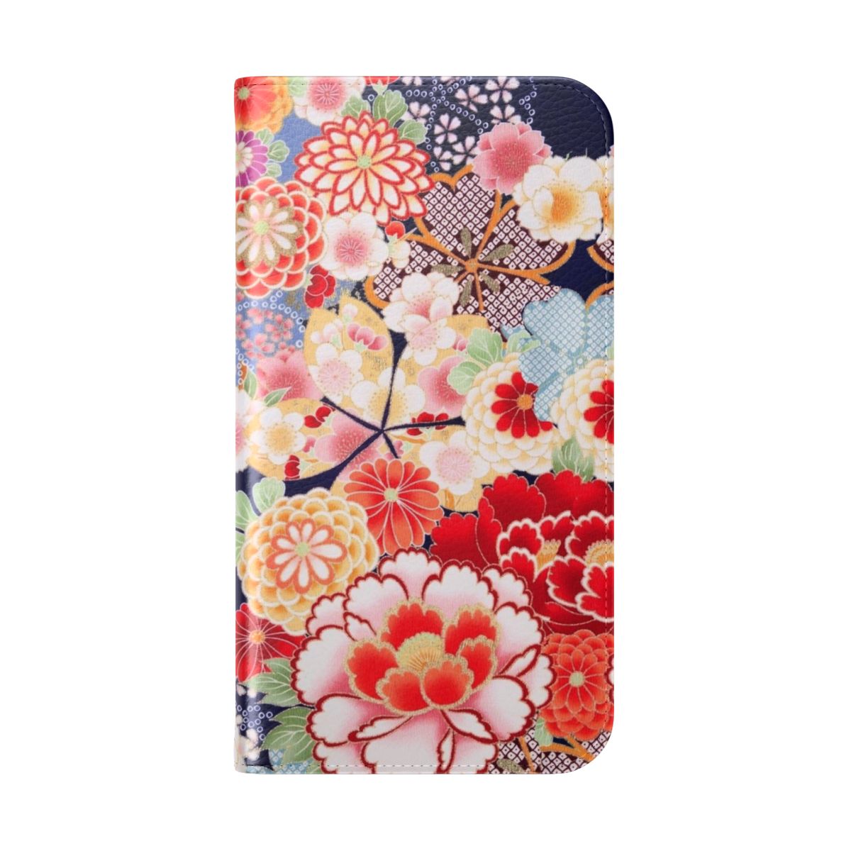 Antique Japanese-inspired floral phone case with pink, white, and blue wild roses and chrysanthemums in a vintage kimono style pattern. - Folded Back