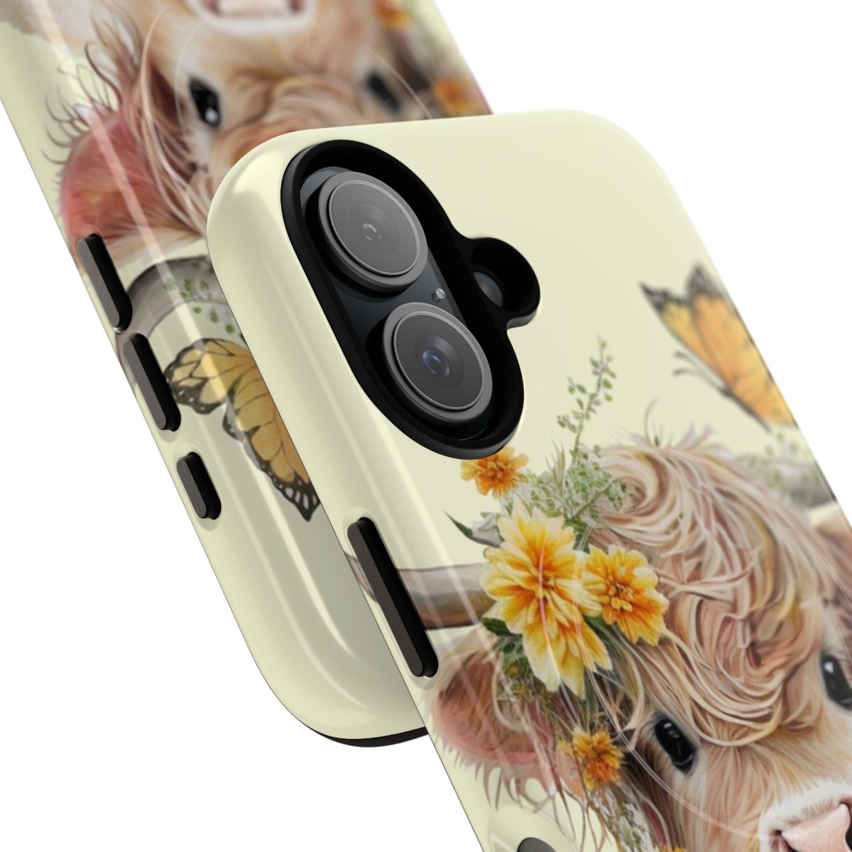 Vibrant phone case featuring a painted highland cow with a floral and butterfly design - Detail