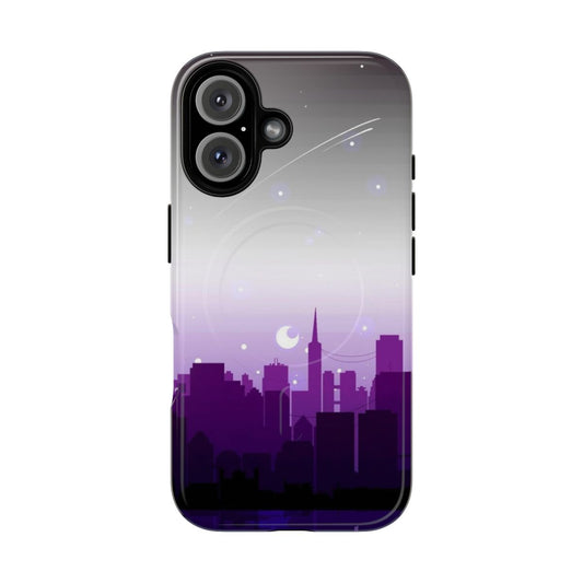 Asexual pride-themed phone case featuring a pixel art cityscape design