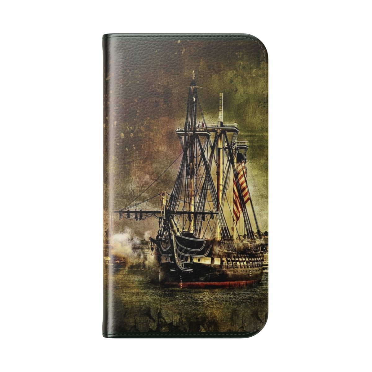 Vintage-style phone case with an image of the USS Constitution, a historic tall ship in Boston, Massachusetts. - Folded Back