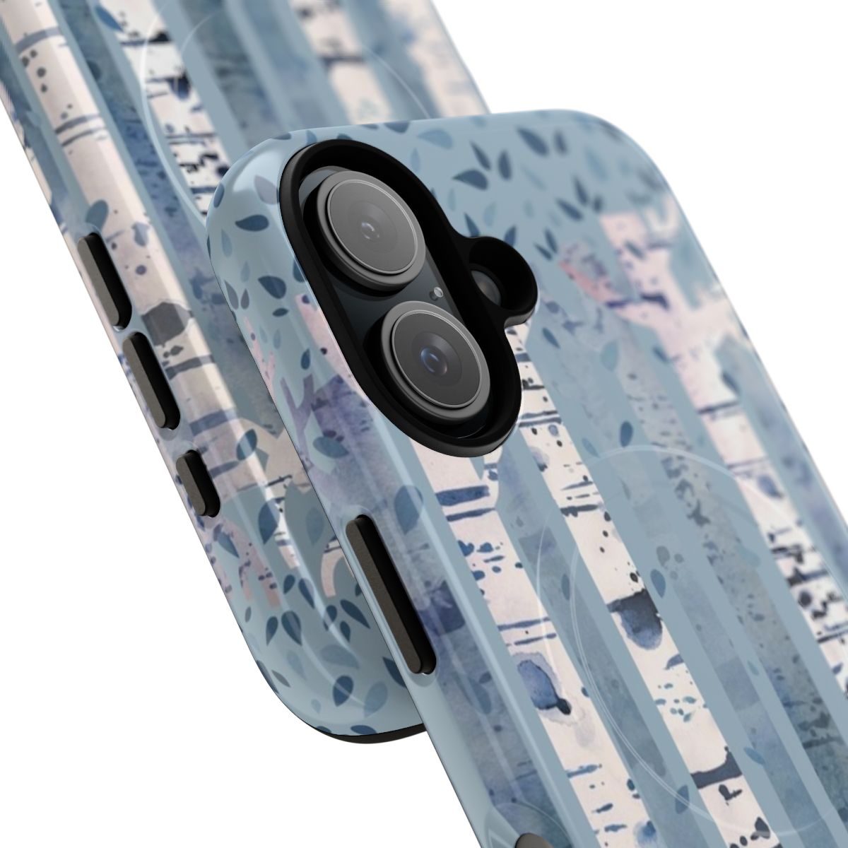 Magnetic phone case with a blue watercolor nature design featuring birch trees, ferns, and a tranquil forest. - Detail