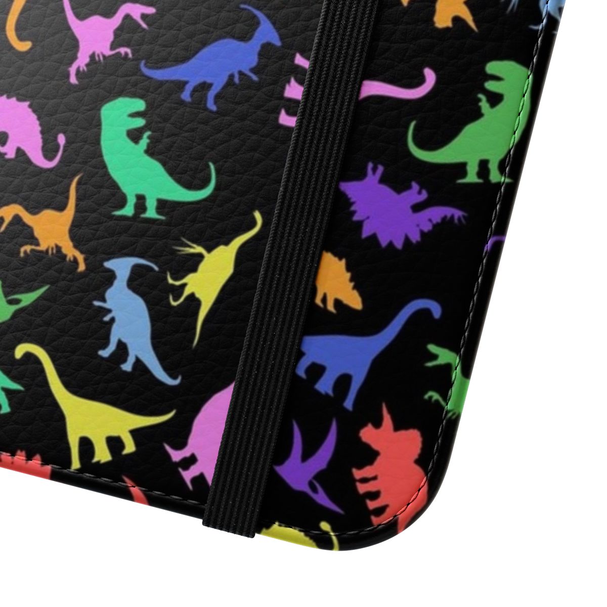 A stylish flip phone case featuring a fun dinosaur pattern on a black background. - Close Up