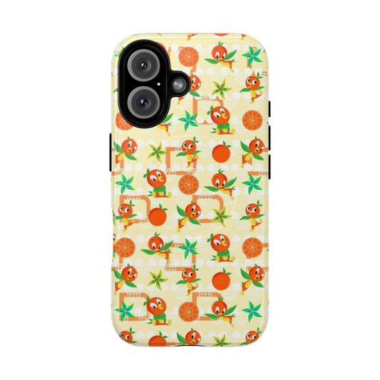 Sturdy and stylish orange bird-themed phone case with a magnetic closure