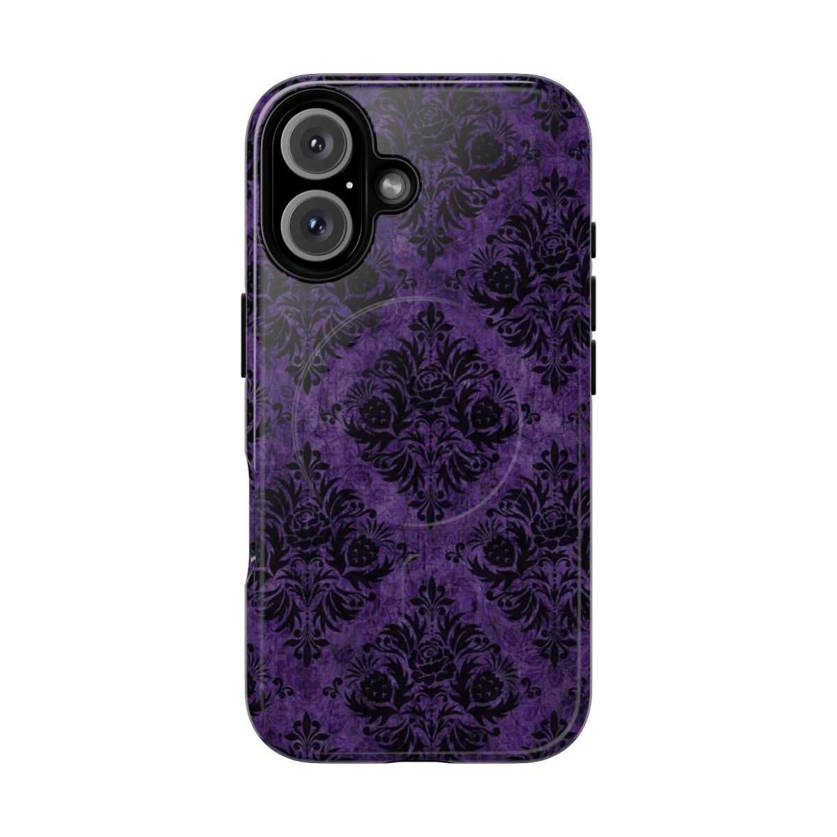 A close-up image of a purple phone case with a gothic damask pattern design.