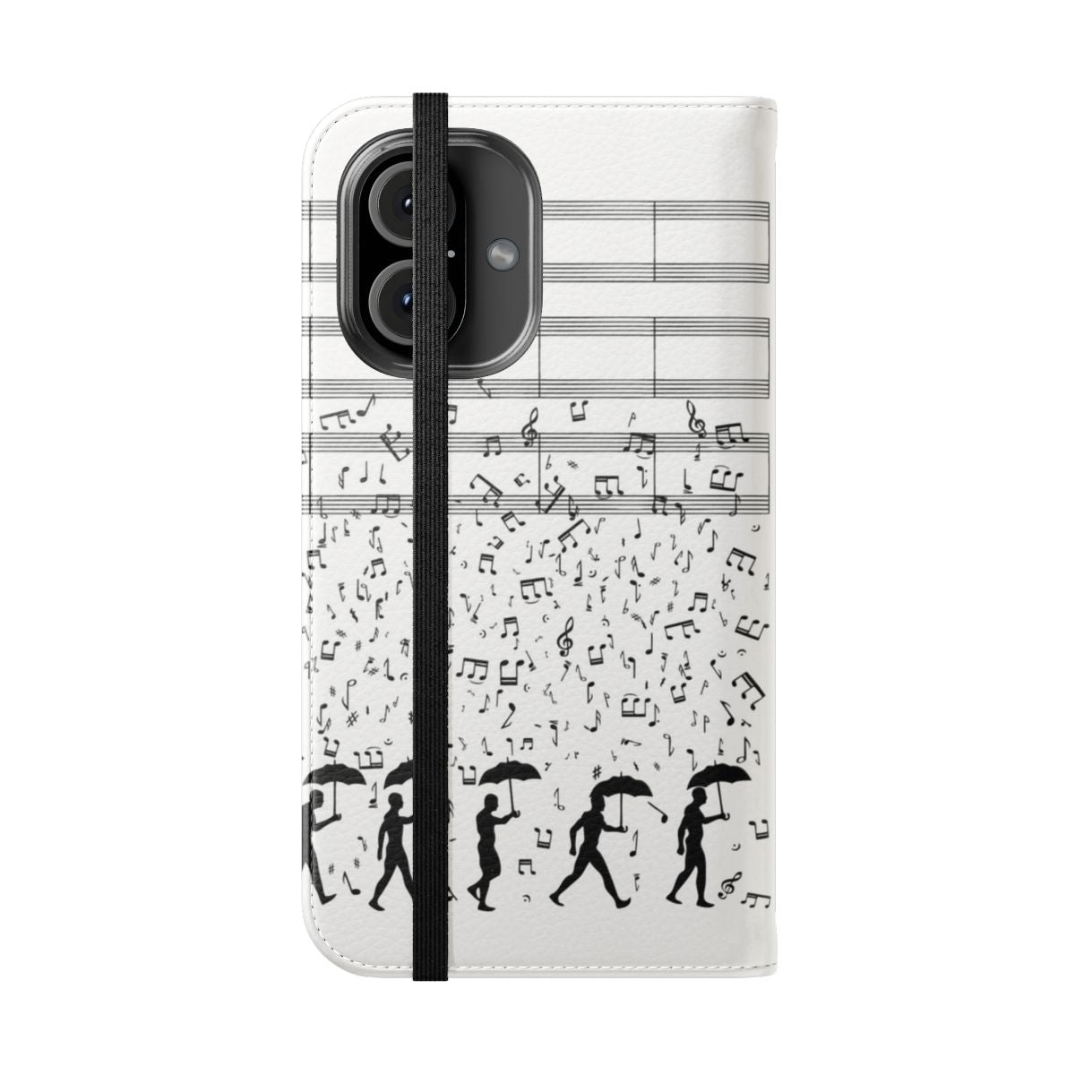 Flip cover phone case with a singing in the rain theme, featuring musical notes and a silhouette design. - Folded Front