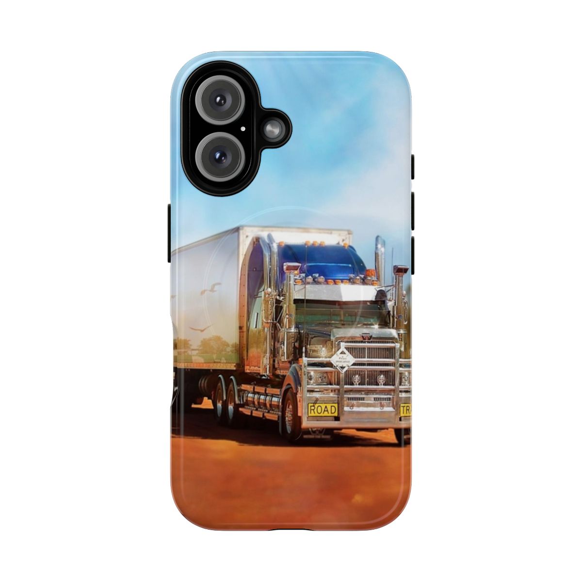 Magnetic tough phone case featuring a Kenworth truck with three trailers driving through the Australian outback