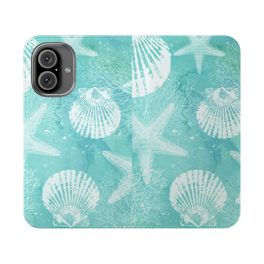 Coastal-inspired flip cover phone case featuring shells, starfish, and aqua/turquoise colors