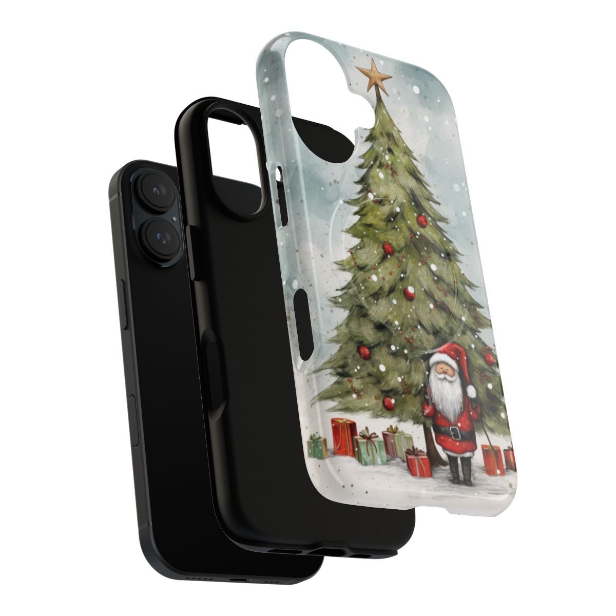 Santa Claus standing by a Christmas tree holding a gift, printed on a durable, magnetic phone case - Layers