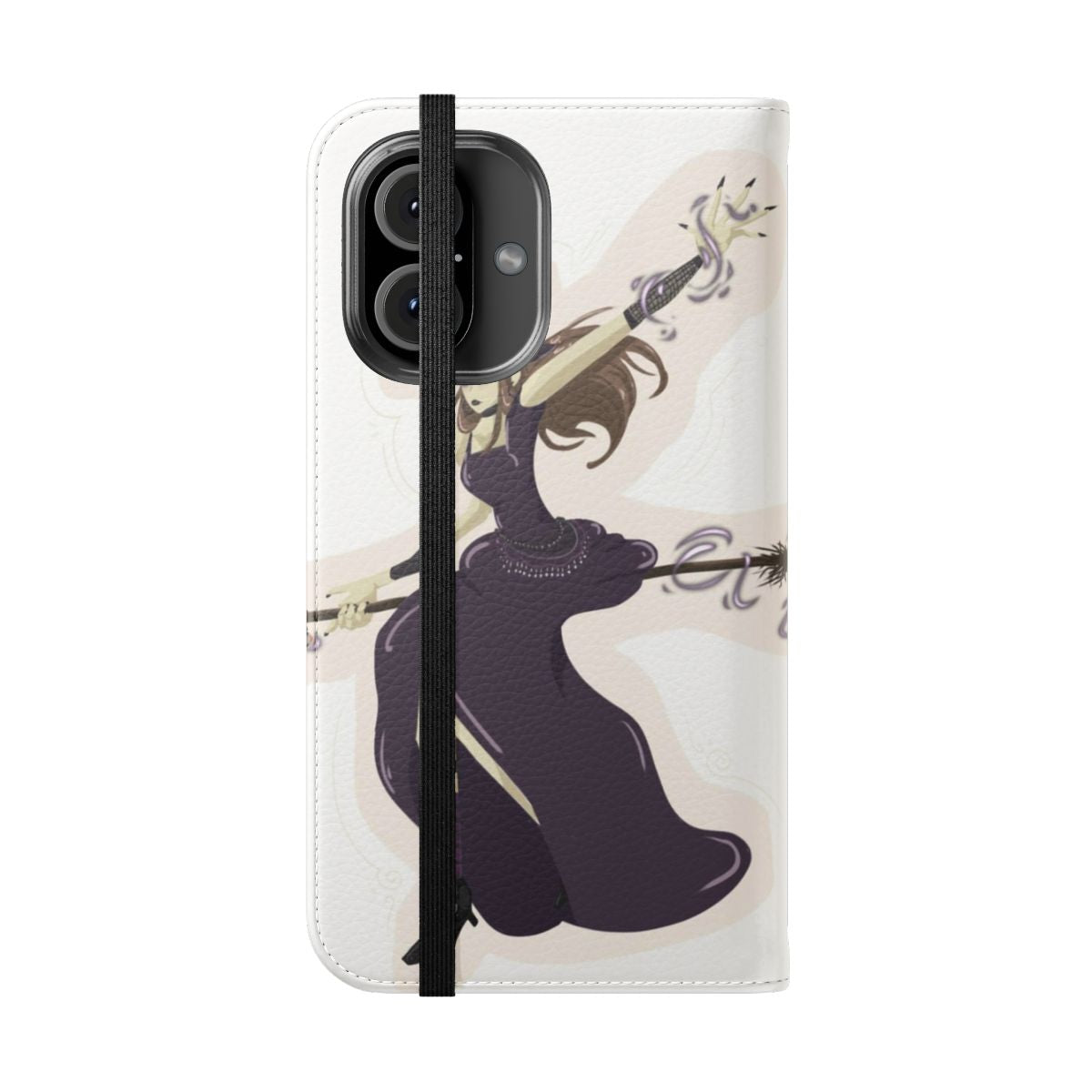 Spooky witch-themed flip phone case cover design with a flying woman on a broomstick - Folded Front