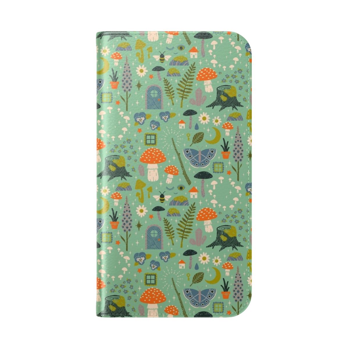 Fairy garden themed flip cover phone case with mushrooms, butterflies, and floral patterns - Folded Back