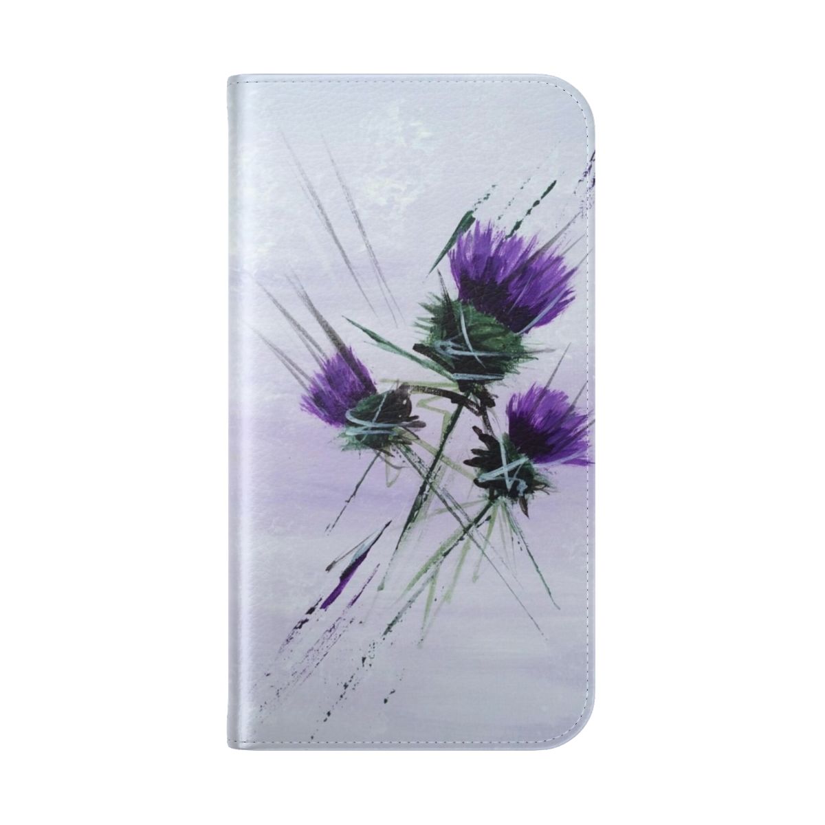 Flip cover phone case featuring a contemporary design of a purple and green Scottish thistle - Folded Back