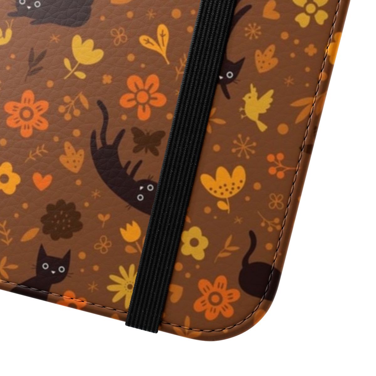 Flip phone case featuring a whimsical illustration of cats playing in an autumn garden with flowers, foliage, and butterflies. - Close Up