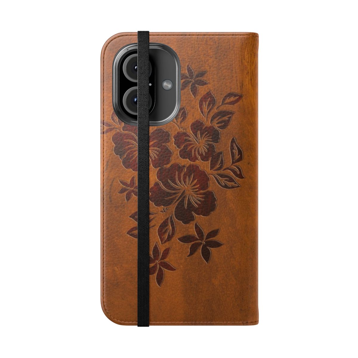 Tropical hibiscus floral pattern faux koa wood flip phone case - Folded Front