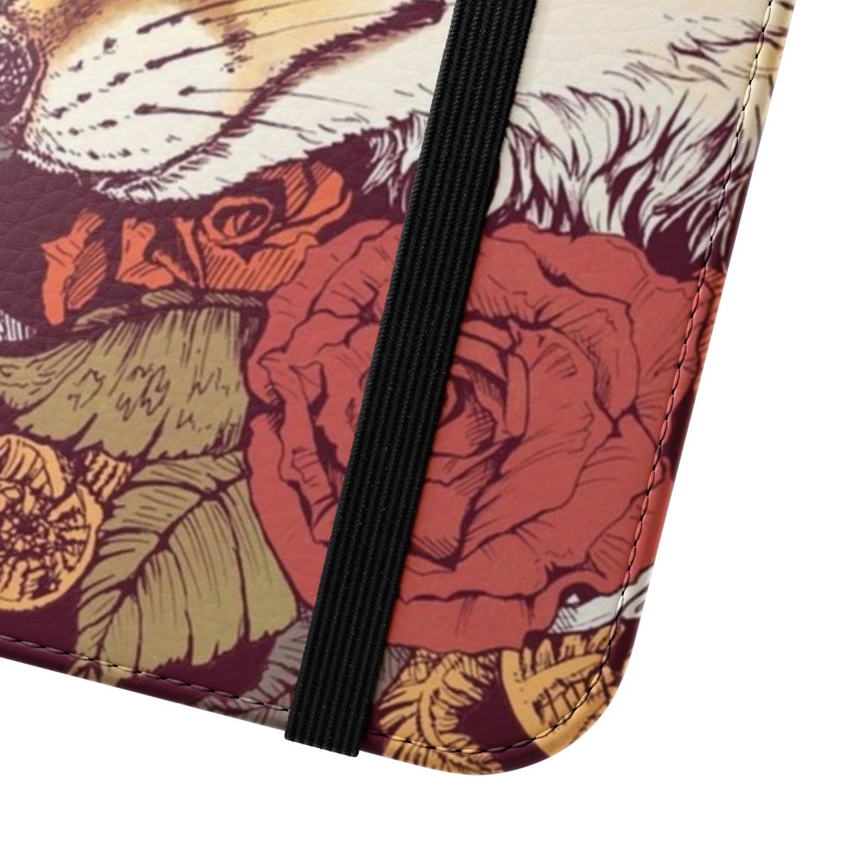 Closeup of a vibrant red fox design with flowers, ferns, and spiral patterns on a phone case - Close Up