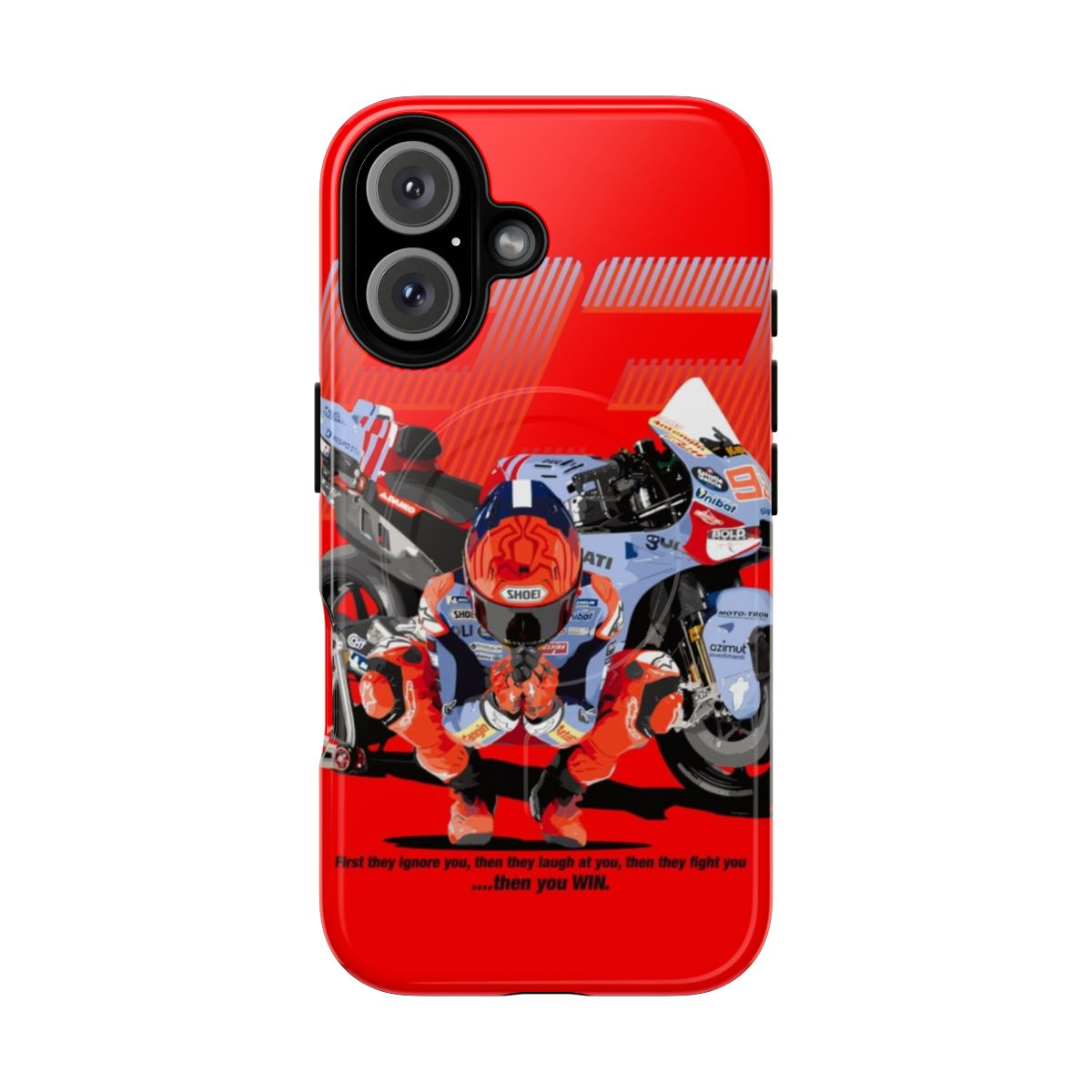 Motorcycle-themed phone case with magnetic closure and tough design for racing fans