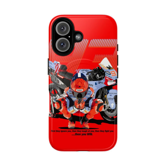 Motorcycle-themed phone case with magnetic closure and tough design for racing fans